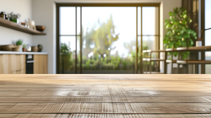 Poster - Abstract empty wooden desk tabletop with copy space over interior modern kitchen room and window blurred background, display for product montage, Generative Ai