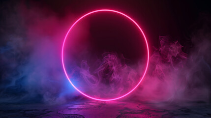 Poster - Abstract neon glowing circle frame with fantasy smoke on dark background, display product design, 3d rendering