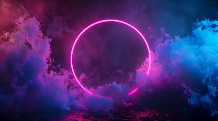Poster - Abstract neon glowing circle frame with fantasy smoke on dark background, display product design, 3d rendering