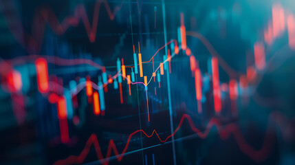 Poster - Closeup financial chart with uptrend line candlestick graph in stock market on blue color monitor background