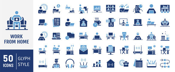 Work from home Icons set. Work from home icons. Contains such Icons as freelancer, hybrid work, digital nomad, Remote work, Video Conference and more. Solid icons vector collection.