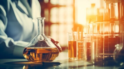 Poster - Flask in scientist's hand with laboratory equipment and science experiments, microscope for chemistry and biology test samples, examining liquid for healthcare research, scientific analysis in vintage