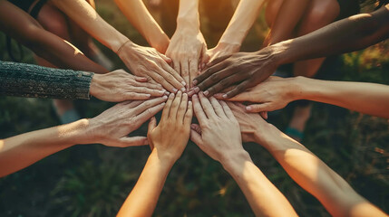 diverse group of hands coming together in unity, illuminated by sunlight. This image symbolizes inclusivity, equity, and diversity, celebrating the power of collective action and togetherness