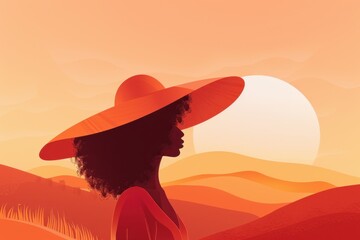 Chinese minimalism illustration, portrait of a woman with curly hair styled with a large sun hat, against a picturesque sunset over rolling hills, flat illustration Chinese figure illustration 