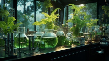 Poster - Biological laboratory experiment: scientists conducting plant research in modern science facility. Biologists in white lab coats analyzing green plant samples under microscope, investigating growth pa