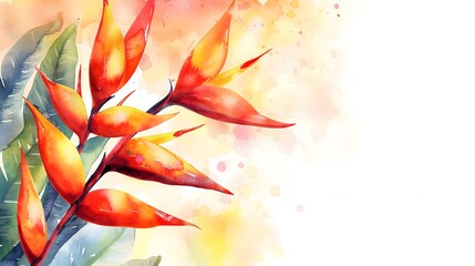 Closeup of red and yellow heliconia in rainforest, water color painting of tropical flower.