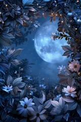 Wall Mural - Moonlit Garden Frame. A frame of silvery leaves, glowing flowers, and twinkling fireflies. The center is a blank, moonlit clearing, creating a peaceful, nocturnal garden scene