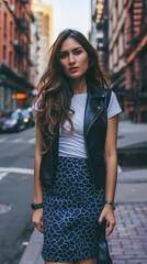 Poster - A photo of a woman with long, wavy brown hair in a city street setting