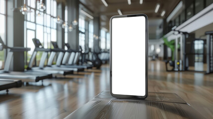 Smartphone mockup with blank screen in a modern gym setting.