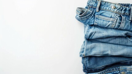 Poster - Blue jeans stack on white background with copy space