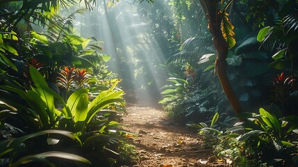 Beautiful morning sun rays in a forest of a mysterious path