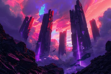 A futuristic cityscape with tall jagged buildings rising above a sea of clouds under a vibrant pink and purple sky