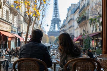 A couple enjoying a quiet moment in a Parisian cafÃ©, with outdoor seating, a view of the Eiffel Tower