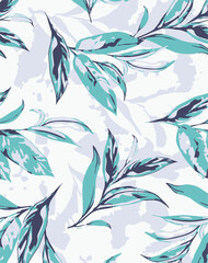 Abstract branches and leaves seamless repeat pattern. Random placed, botanical vector elements all over surface print on light blue background