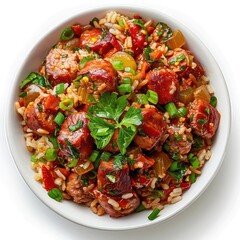 Canvas Print - bowl of rice with sausage and vegetables on white background