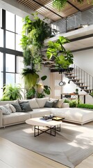 Poster - Modern Loft Living Room With Green Plants and Natural Light.