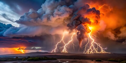 Poster - A landscape of lightening eructing Mauna Loa Volcano in Hawaii with smoke and a hazy sky AI-Created Content