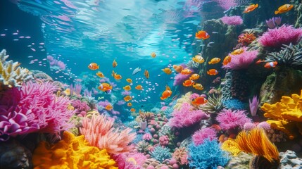 Wall Mural - A 3D render of a vibrant underwater coral reef with fish swimming