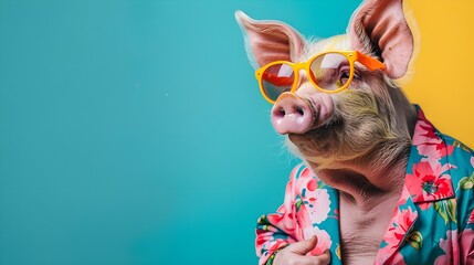 Wall Mural - Pig in Sunglasses and Hawaiian Shirt