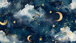 © MariКа - pattern of the night sky with gold foil constellations stars and clouds watercolor background for a screensaver about a child's dream
