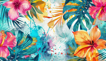 Wall Mural - Watercolor vibrant tropical leaves and flowers seamless pattern