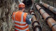 © 69 - Construction site with an engineer in safety vest checking large pipes in a trench, tablet in hand for documentation