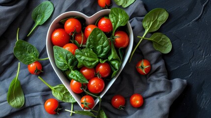 Canvas Print - Cherry tomatoes and spinach in a heart shaped bowl on a dark tablecloth top view