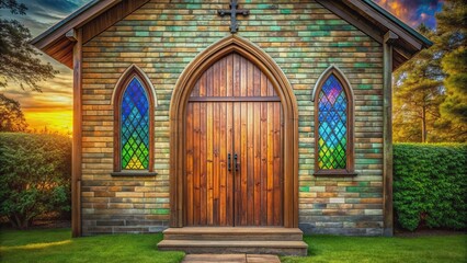 Poster - Peaceful countryside church with vibrant stained glass windows and rustic wooden door, serenity, faith