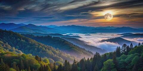 Poster - Moonlit journey through the smoky mountains, Moon, night, stars, adventure, hiking, exploration, nature, landscape, wilderness