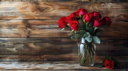 Canvas Print - Rose bouquet in glass vase on wooden surface