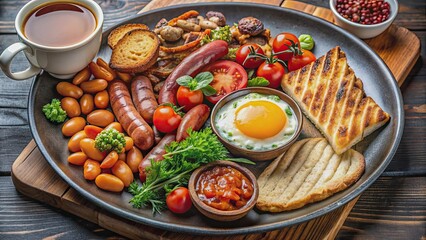 Wall Mural - Delicious brunch platter with fried eggs, toasts, grilled vegetables, beans, bacon and sausages served with tea