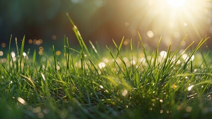 Spring Green grass and sunlight background with blurred bokeh
