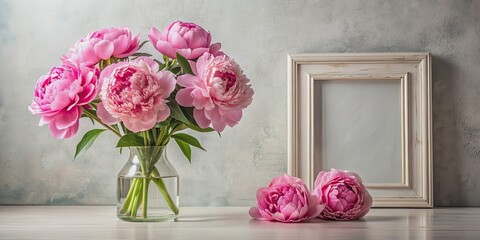 Poster - Blooming pink peonies in a vase with a framed floral artwork in the background, peonies, pink, flowers, vase