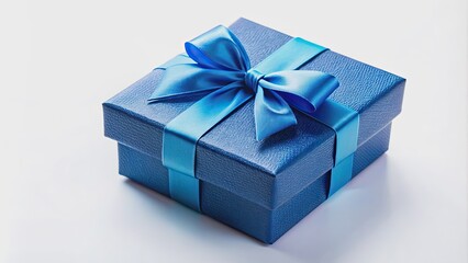 Canvas Print - Blue gift box with a bow on a white background, present, surprise, celebration, holidays, wrapping, ribbon