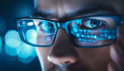 Close-up of a man's eye with digital code reflecting in his glasses.  A concept of technology, innovation, and the future.