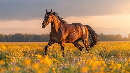 Poster - Horse Galloping Through a Field of Yellow Flowers