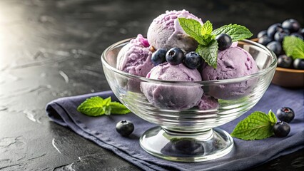 Sticker - Blueberry ice cream served in a clear glass dessert bowl, blueberry, ice cream, dessert, sweet, delicious, cold, refreshing