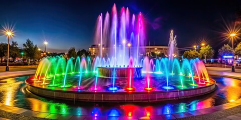 Sticker - Fountain illuminated by colorful lights at night, fountain, night, lights, illuminated, water, colors, reflection