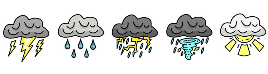 a series of five cartoon-style cloud icons, each depicting a different weather condition