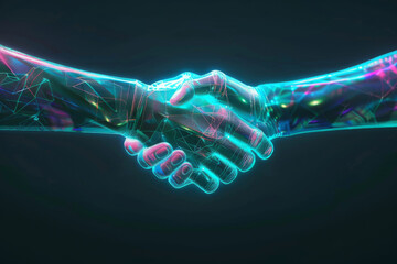 Canvas Print - Futuristic handshake between human and AI in glowing blue and pink neon lights on dark background