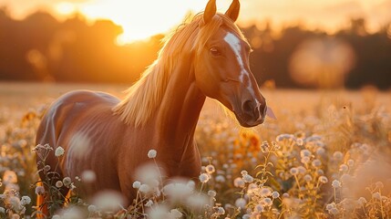 Poster - Horse in a Field of Flowers at Sunset