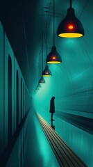 Sticker - A lone figure stands in a dimly lit tunnel, surrounded by glowing lamps, evoking a sense of mystery and solitude.