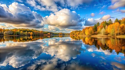 Wall Mural - Clouds reflected in a calm lake with beautiful shades of blue, depicting a peaceful autumn scene, clouds, lake, blue, reflection