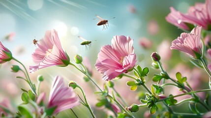 Poster - Pink Flowers with Bees in Sunlight.