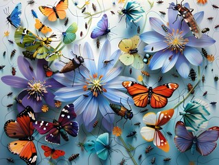 Canvas Print - Colorful Butterflies and Insects on Blue Background.