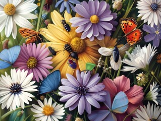 Canvas Print - Colorful Flowers and Insects