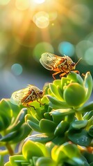 Canvas Print - Two Insects on a Succulent Plant in the Sun.