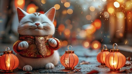 Poster - Smiling Kitty with Festive Lights