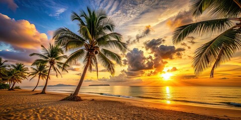 Sticker - Golden sunset over a tranquil beach with palm trees, sunset, beach, tropical, tranquil, serene, palms, ocean, waves