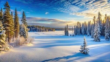 Wall Mural - Vast and serene taiga landscape with dense green trees, fresh breeze, and crystal snow on frozen ground, taiga, landscape